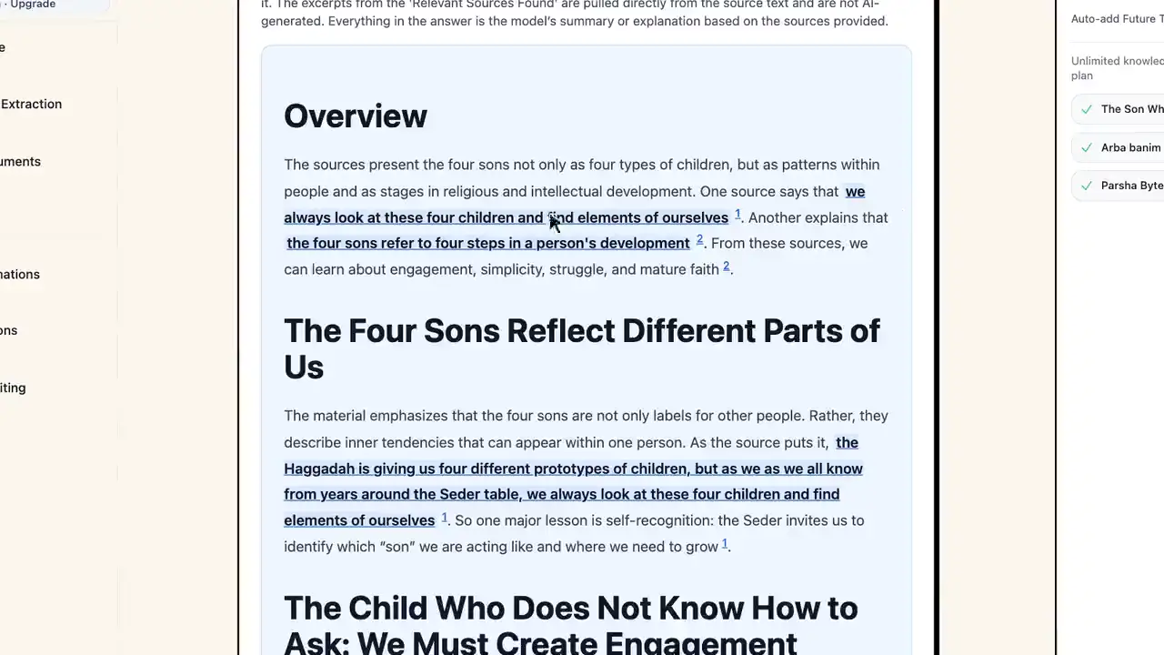 An illustrative Four Sons question with an integrated answer and original quotations from three sample shiurim