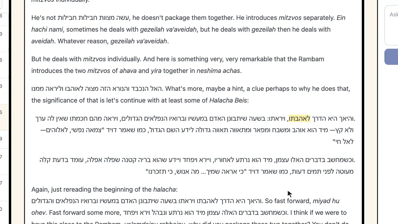 Click a word and follow English into Hebrew in a full shiur transcript